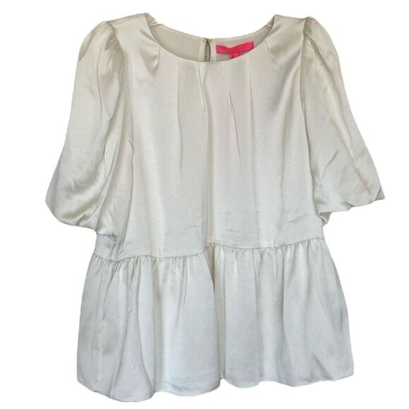 Lilly Pulitzer Blakelynn Cream Satin Peplum Puff Sleeve Top NWT Size 12/Large - Picture 3 of 8